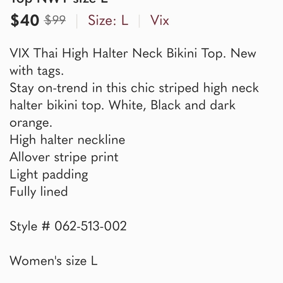 VIX Thai High Halter Neck Bikini Top NWT size L - Picture 6 of 6